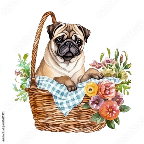 Pug Dog Breed in Picnic Basket with Flowers Watercolor Vector Illustration