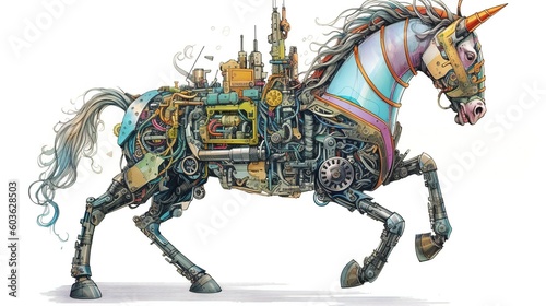A unicorn with mechanical enhancements. Fantasy concept , Illustration painting. Generative AI © X-Poser