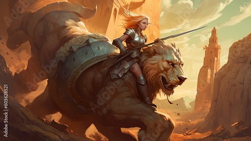 A valiant warrior and her fierce lion mount on a quest to save a besieged castle from a horde of goblin invaders. Fantasy concept , Illustration painting. Generative AI