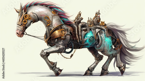 A unicorn with mechanical enhancements. Fantasy concept , Illustration painting. Generative AI © X-Poser
