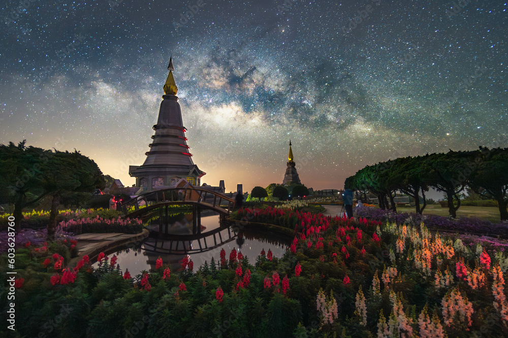 Temple, flower and milky way in chiang mai province of Thailand. Amazing Thailand nature Landscape. popular tourist attraction. Best famous travel locations.