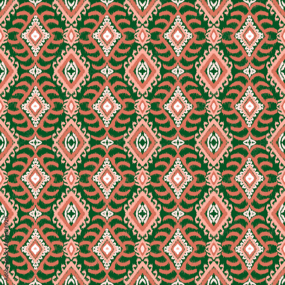 Peach Ikat seamless pattern,Fabric design,Green Tuskish,Cushion Cover for Living room.
