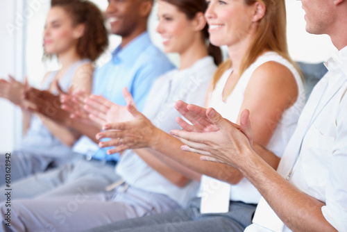 Business people  applause and celebration for presentation  seminar or staff training at workshop. Happy group of employees clapping for team coaching  audience or meeting convention at the workplace