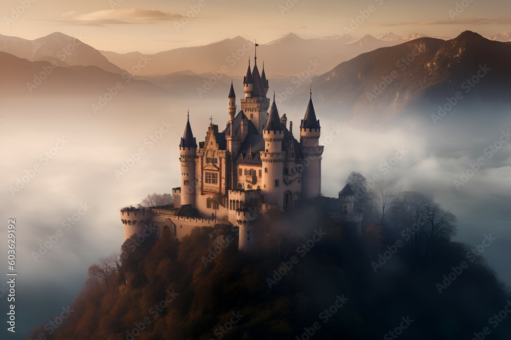 An enchanting castle in the midst of the mist and mountains, Generative AI An enchanting castle in the midst of the mist and mountains, Generative AI