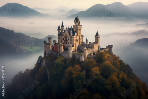An enchanting castle in the midst of the mist and mountains, Generative AI