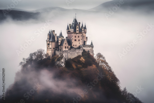 An enchanting castle in the midst of the mist and mountains  Generative AI