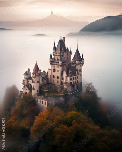 An enchanting castle in the midst of the mist and mountains  Generative AI