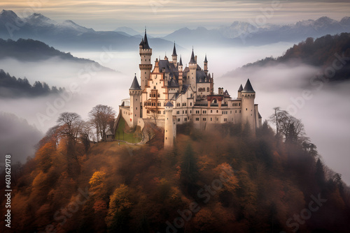 An enchanting castle in the midst of the mist and mountains, Generative AI