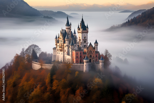 An enchanting castle in the midst of the mist and mountains, Generative AI © spreephoto