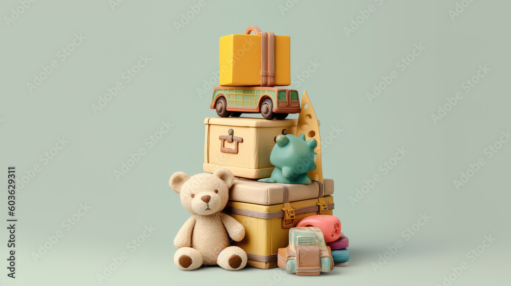 Fototapeta premium Children's toys on a light background in a minimalist style. AI generation