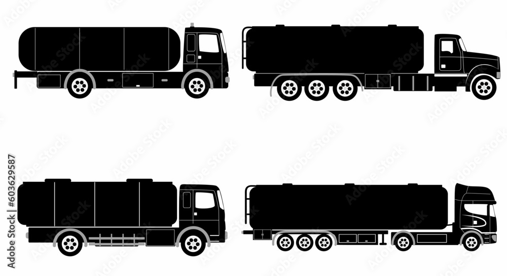 Tanker truck icon silhouette on white background. Vehicles monochrome icons set side view,