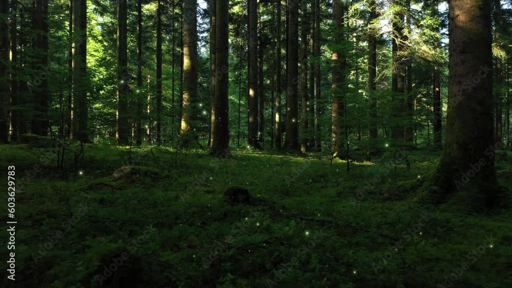 Magic mossy forest with flying flickering fireflies animation. Magic mossy forest with flying flickering fireflies animation.
