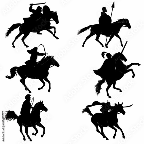 silhouettes of medieval kings and warriors on horseback, with weapons