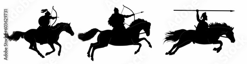 silhouettes of medieval kings and warriors on horseback, with weapons