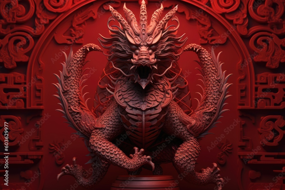 Fototapeta premium Happy Chinese new year dragon Zodiac sign, A red and gold chinese dragon in the style of luminous objects, created with generative ai