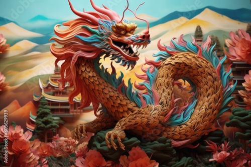 chinese dragons in front of a forest, in the style of surrealistic elements, warm tones, porcelain, graphic design poster art, layered textures and patterns, created with generative ai © annne