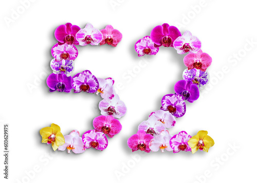 The shape of the number 52 is made of various kinds of orchid flowers. suitable for birthday, anniversary and memorial day templates
