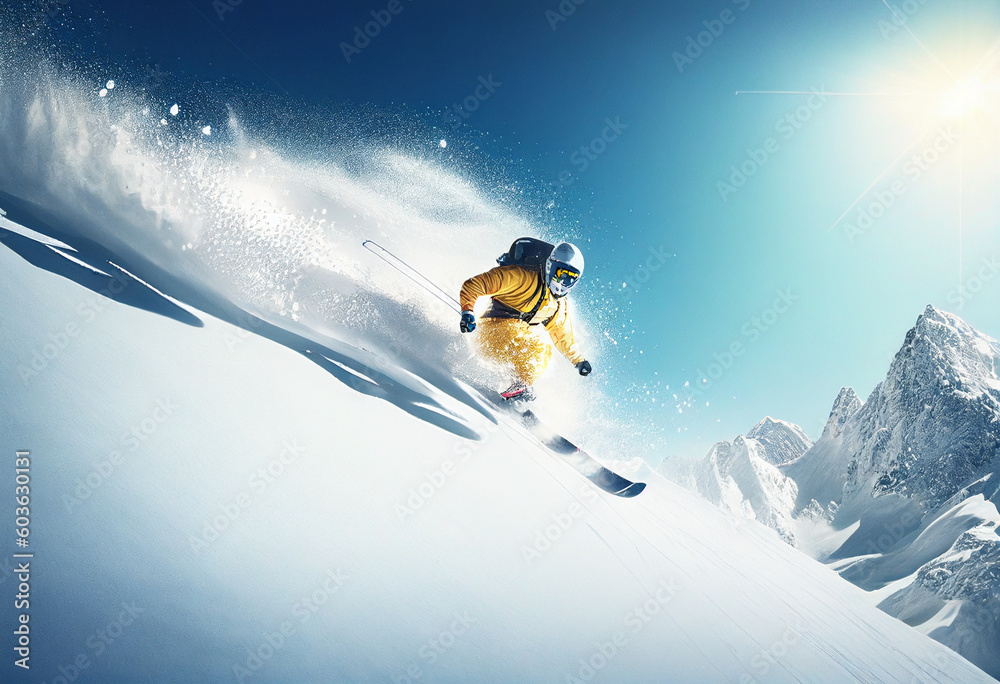 Skier skiing downhill in high mountains during sunny day. Mixed media generative ai Skier skiing downhill in high mountains during sunny day. Mixed media generative ai