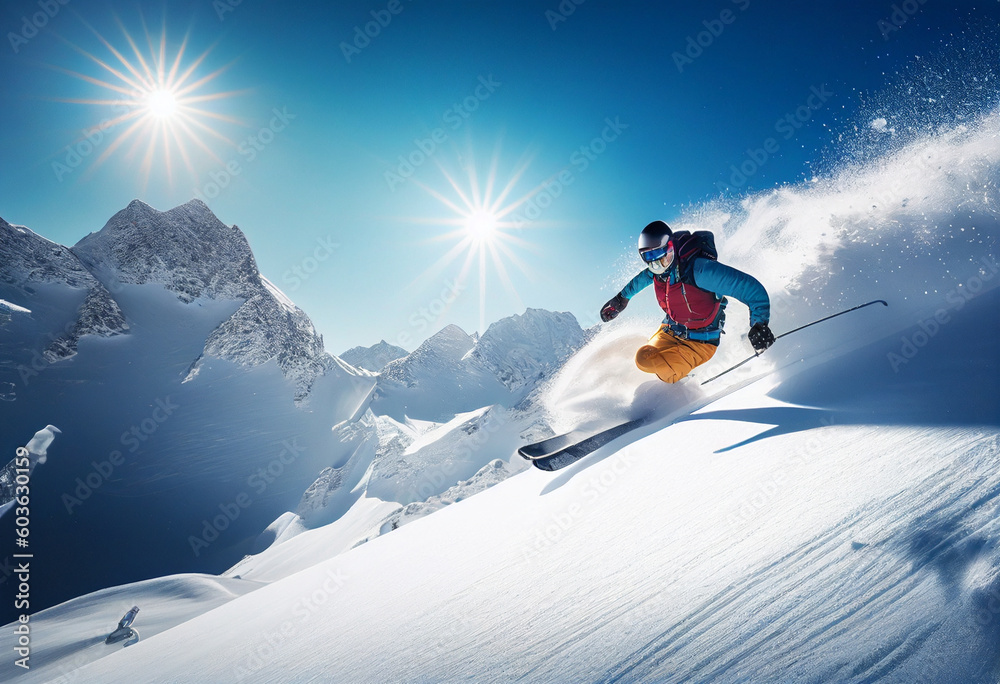 Skier skiing downhill in high mountains during sunny day. Mixed media generative ai