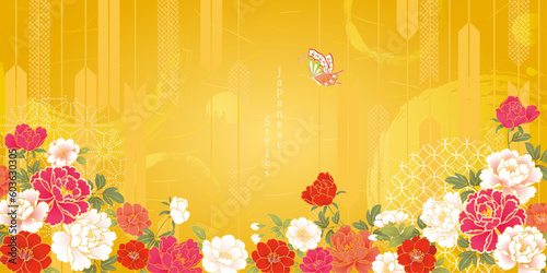 japanese style　年賀　お祝い　豪華な和風の牡丹花と金色の背景　蝶　初売り　新年のご挨拶　新春セール　和風デザイン