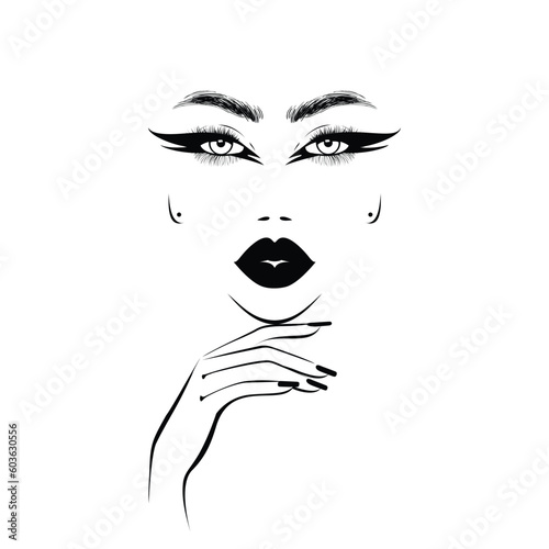 Beauty logo design, woman with night make up, lush eyelashes, hand with black nails. Nail art studio. Hair studio. Vector illustration