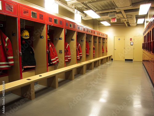 Fire station recreation room, empty interior with steel pole, billiard table, kitchen area, armchairs, tv, lockers with uniform, signaling, place for firefighters leisure, Cartoon Generative AI