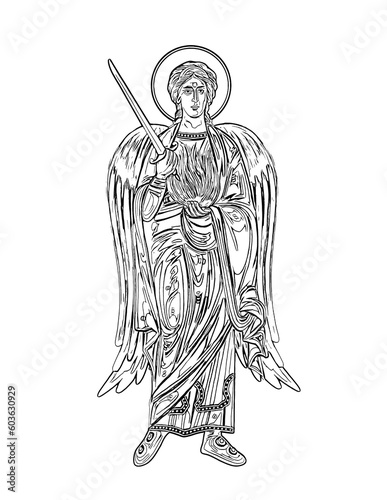 Archangel Uriel. The keeper of beauty and light, regent of the sun and constellations. Illustration in Byzantine style. Coloring page on white background photo