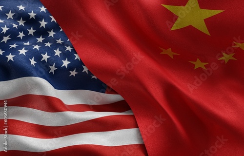 american vs CHINA flag of silk background, Close-Up waving flag. 3d Rendering