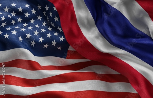 american vs Thailand flag of silk background, Close-Up waving flag. 3d Rendering