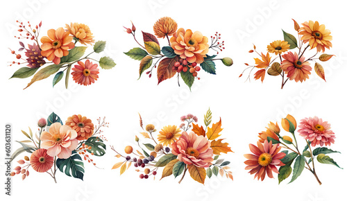 Watercolor autumn flowers and leaves. Generative Ai