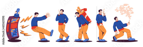 Different situations with man with  nicotine addiction. Smoking cessation program. Unhealthy lifestyle and bad habits. Relaxation from stress. Vector illustration. Isolated on white background.