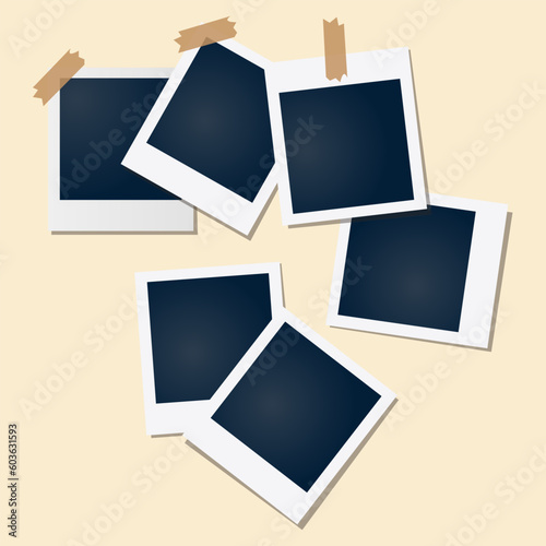 Realistic modern polaroid photo frames pasted on colored transparent tape. Photos glued to a beige background with a shadow layout design. Vector illustration of fast shooting photos