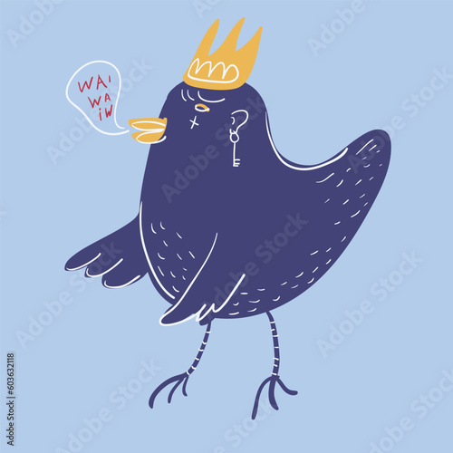 blue bird with crown in vector.pigeon for design,stickers,avatar.king upset,singing twitter.isolated printable objects.earring in ear,tattoo,doodle,flat.dramatic scene character
