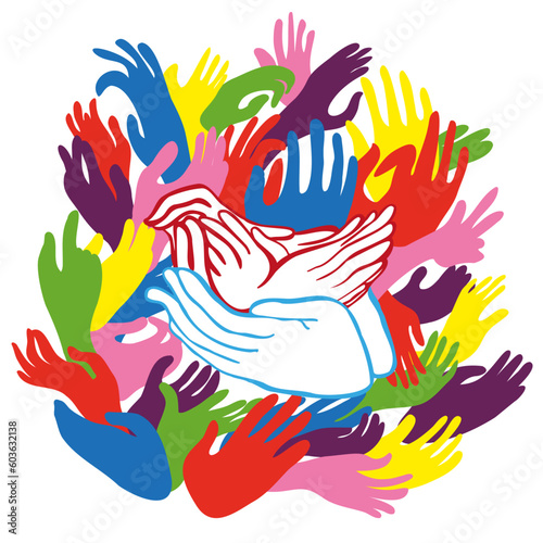 set of colored hands and a dove of peace in vector.hands folded into a dove in a hand.a metaphor for faith in peace and uniting people.cooperation teamwork communication gesture convergence contact
