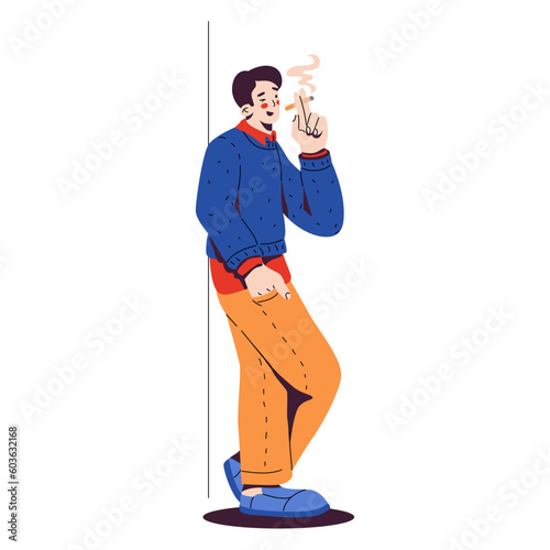Satisfied man in a blue sweater stands and smokes a cigarette. Unhealthy lifestyle and bad habits.  Relaxation from stress.Illustration on the theme of nicotine addiction. Vector illustration.