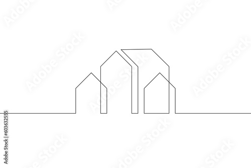 One continuous line. Linear . Minimalist home design. Geometric building logo. Modern city house. One continuous line drawn isolated, white background.