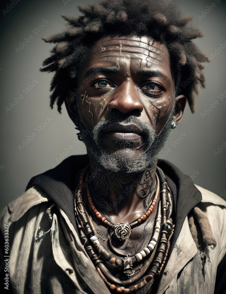 Stunning gifted homeless african american man, haunted, dirty skin,old scarce tattered outfit. futuristic background. generative ai