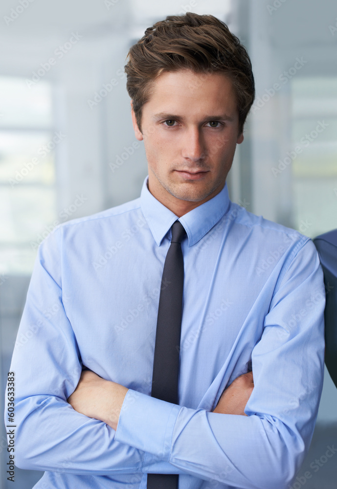 Crossed arms, serious and portrait of business man, professional consultant or agent with focus on corporate work. Mindset, confident person and businessman, accountant or employee with career pride