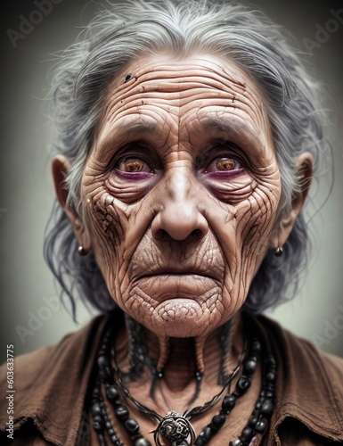 Stunning gifted homeless elderly woman, haunted, dirty skin,old scarce tattered outfit. futuristic background. grandma, granny, old, older. generative ai © Pictures Paradise