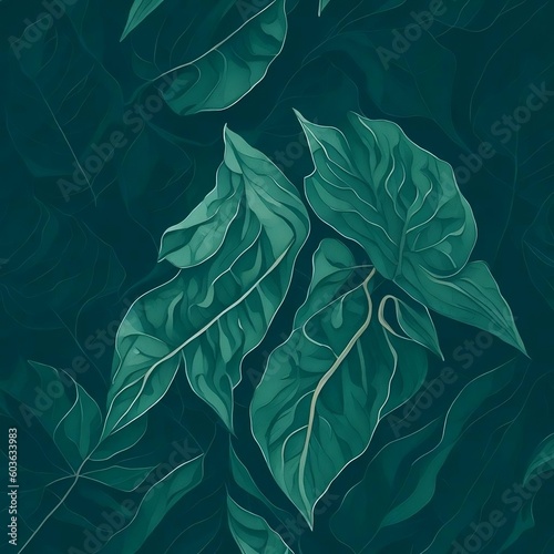 a painting of green leaves on a dark green background, digital art by Grytė Pintukaitė, trending on unsplash, generative art, wallpaper, behance hd, digital illustration