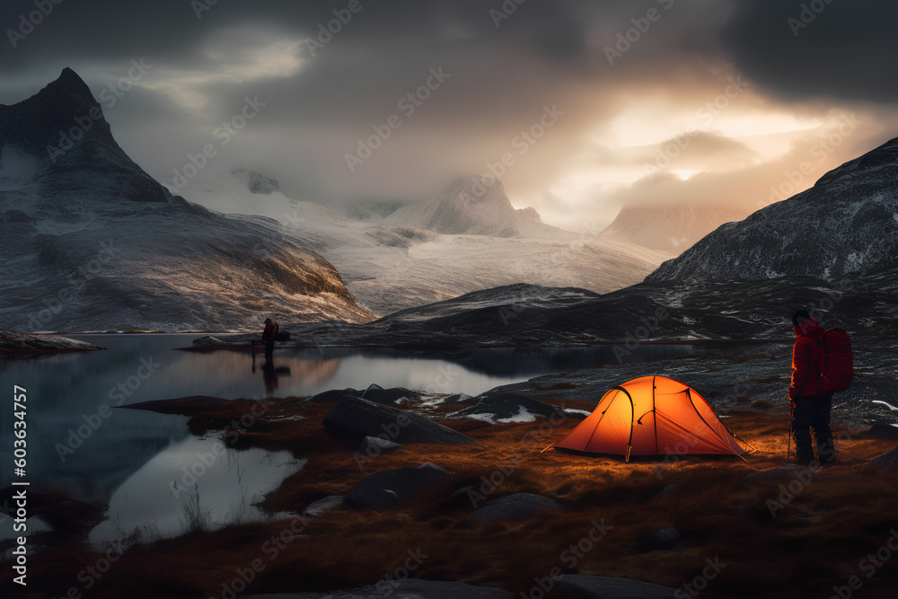 Majestic mountain scenery, outdoor adventure with tent, Generative AI