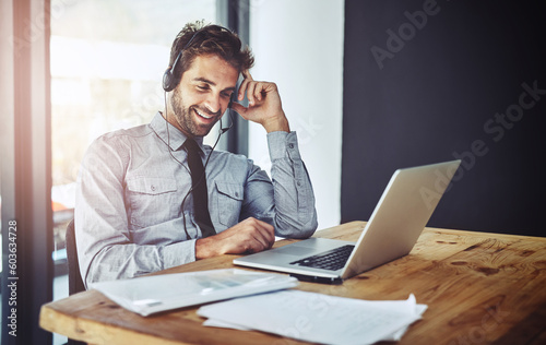 Happy businessman, laptop and call center in customer support or financial advice at the office. Friendly man person, consultant or agent talking on headset for online consulting service at workplace