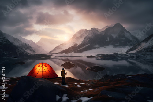 Majestic mountain scenery, outdoor adventure with tent, Generative AI © spreephoto