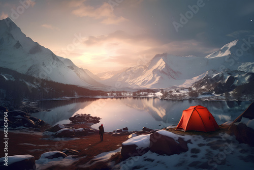 Majestic mountain scenery, outdoor adventure with tent, Generative AI