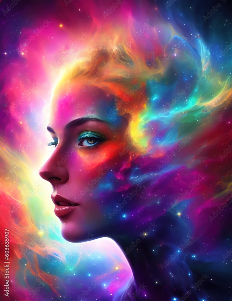 Woman portrait with colorful nebula. astral body. Surrounded by the wonders of the galaxy Esoteric and spiritual life concept. generative AI.