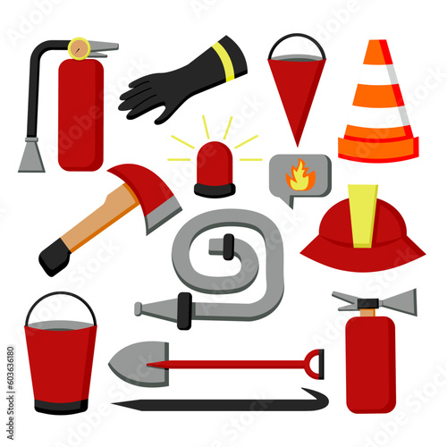 Set of firefighter equipment. Fireman tools set. Hydrant, fireplug, extinguisher, helmet, helm, ax, hatchet, axe, hook. Vector illustration. 