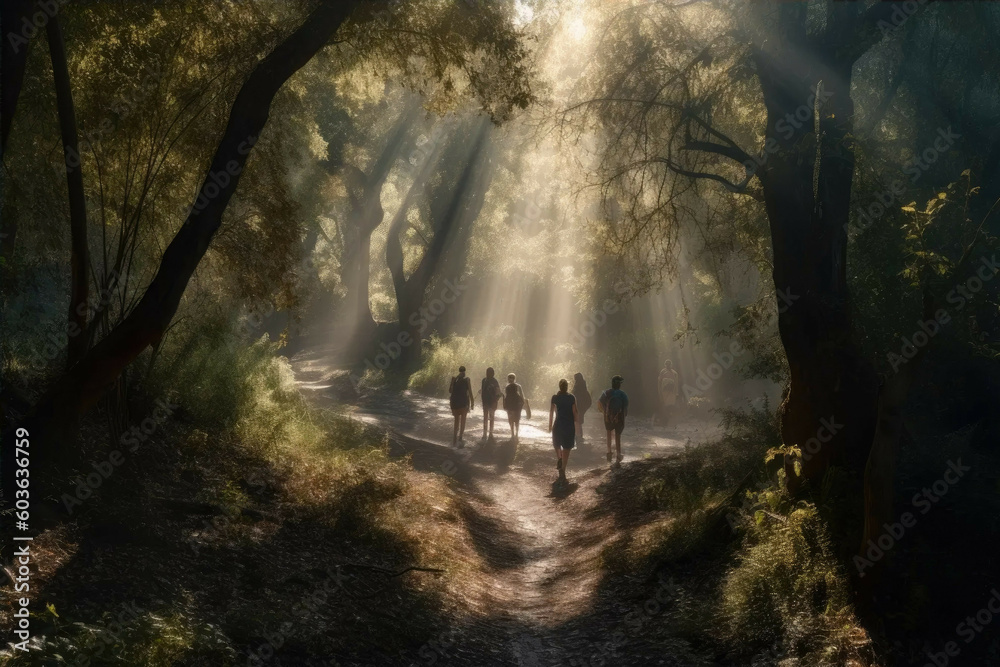 Group of people walking on a forest path - Generative AI Stock ...