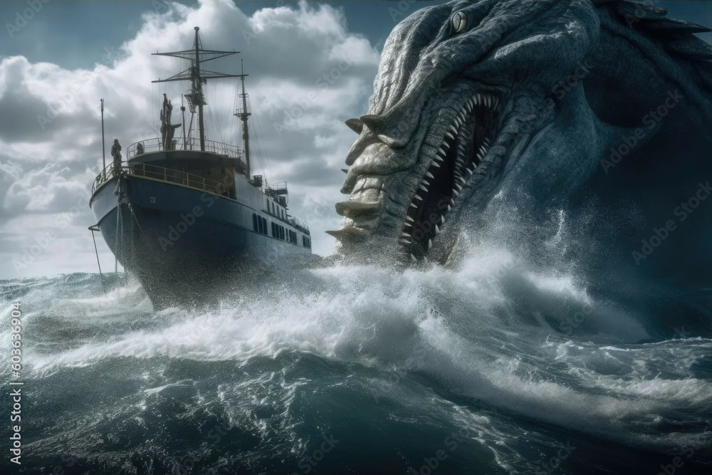 Giant sea serpent attacking a ship - Generative AI Stock Illustration ...