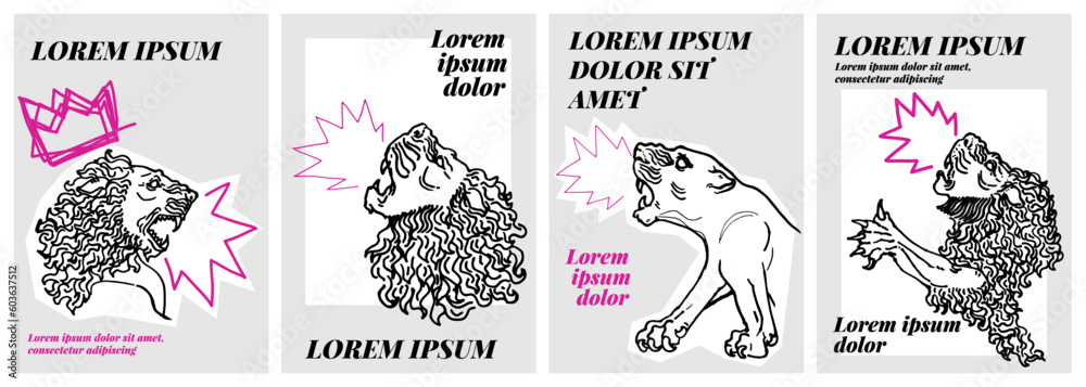 Recursos graficos de cuatro diseños con inspiracion de mesopotamia. Ilustraciones reales de esculturas clasicas de cabezas de leones para estampados de camisetas, carteles, pegatinas