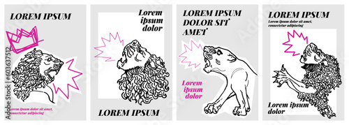 Recursos graficos de cuatro diseños con inspiracion de mesopotamia. Ilustraciones reales de esculturas clasicas de cabezas de leones para estampados de camisetas, carteles, pegatinas